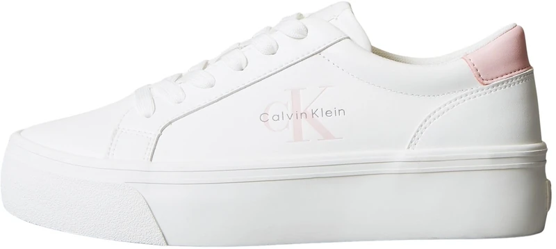 Calvin Klein Women’s Logo Tag Leather Vulcanised Trainers, White (Bright White/Sweet Pink), 6