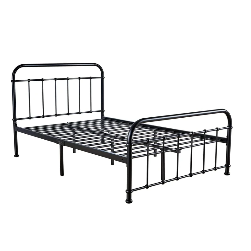 Home Source Black Metal Bed Frame, Platform Design with Headboard and Footboard, Hospital Style, Solid Bar Slats, 4ft Small Double