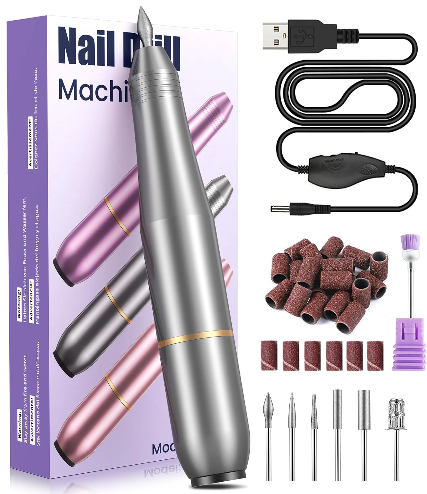 Ajgvq Electric Nail Drill, 20000RPM Adjustable Speed Manicure Pedicure Set with 6 Drill Bits, Low Vibration Low Noise, Aluminium Body, Model: Ajgvq