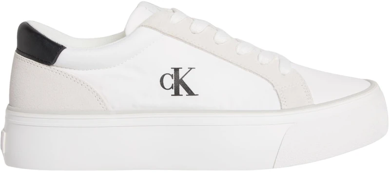 Calvin Klein Women’s Nylon Mix Logo Flatform Vulcanised Trainers, White (Bright White/Black), 4