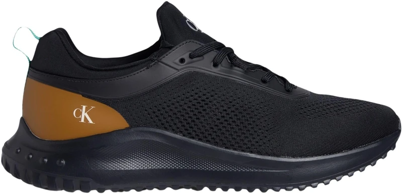 Calvin Klein Men’s EVA Tech Knit Runner Trainers with Logo, Black (Ck Black/Grain Brown/Wild Green), 12