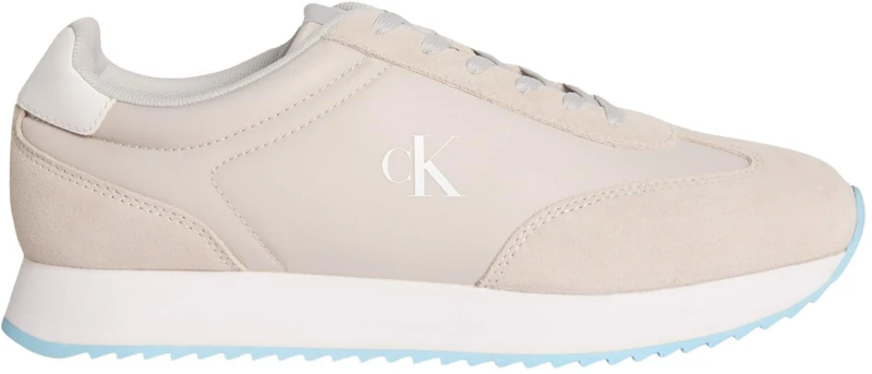 Calvin Klein Men’s Retro Leather Lace-up Runner Trainers, Beige (Oyster Mushroom/B White/Blue Fizz), 12