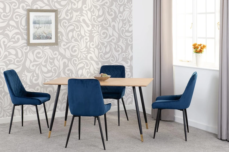 Seconique Hamilton Medium Dining Set with Avery Chairs in Medium Oak Effect/Black/Sapphire Blue Velvet