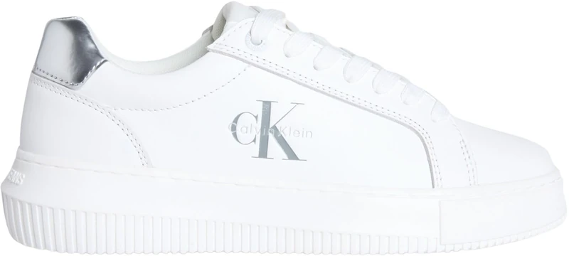 Calvin Klein Women’s Chunky Silver Leather Cupsole Trainers, White (Bright White/Silver), 6