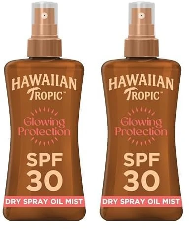 Hawaiian Tropic Glowing Protection Sunscreen Dry Oil Spray Mist, Water Resistant SPF 30 UVA plus UVB Protection Sunscreen Spray, Tropical Scent Sun Lotion with Island Botanicals, 200 ml (Pack of 2)