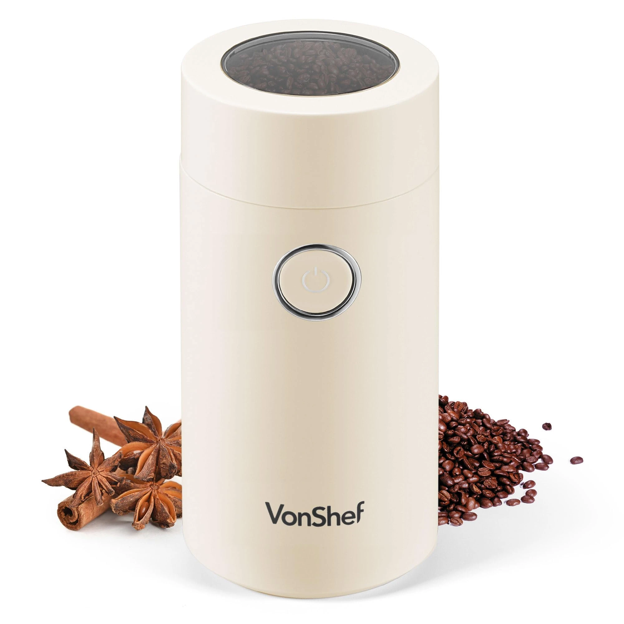 VonShef Electric Coffee & Spice Grinder, for Espresso Beans, Nuts & Grains - Bean & Spices Chopper with Powerful Motor and Tough Stainless Steel Blades, Grind up to 60g / 4 Cup Capacity - Cream 150W