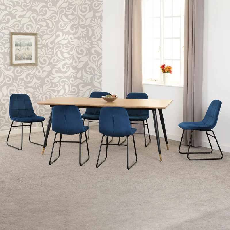 Seconique Hamilton Large Dining Set with Lukas Chairs in Medium Oak Effect/Black/Sapphire Blue Velvet