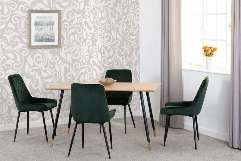 Seconique Hamilton Medium Dining Set with Avery Chairs in Medium Oak Effect/Black/Emerald Green Velvet