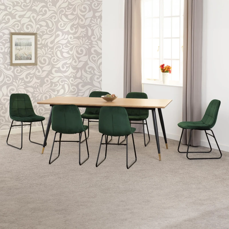 Seconique Hamilton Large Dining Set with Lukas Chairs in Medium Oak Effect/Black/Emerald Green Velvet