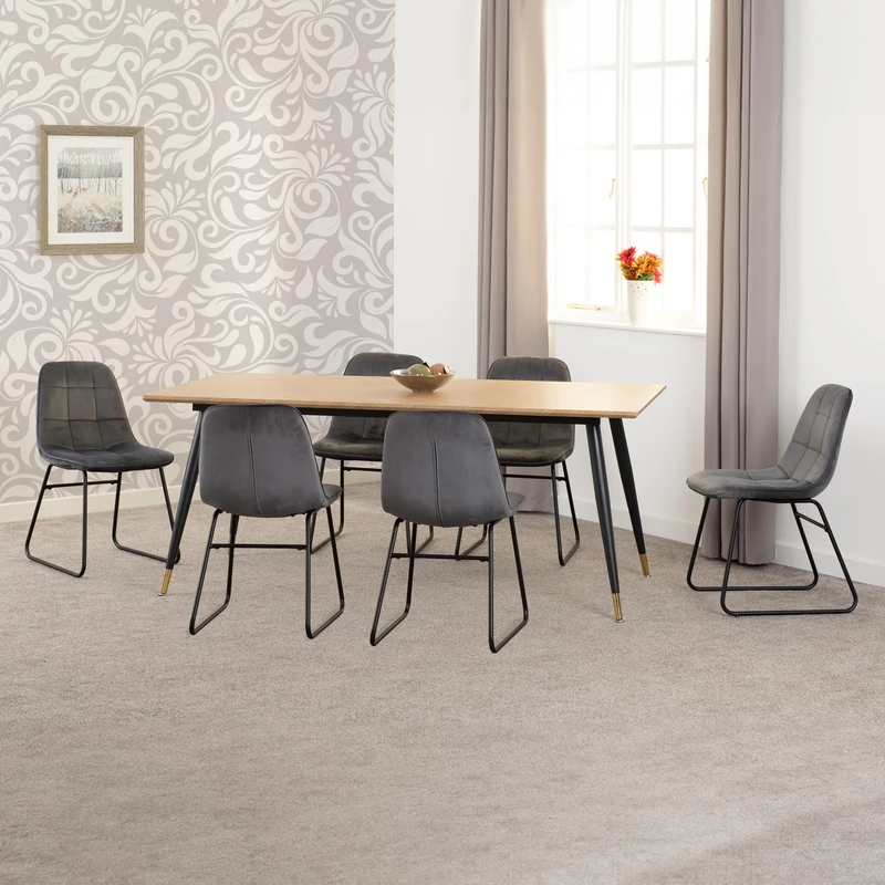 Seconique Hamilton Large Dining Set with Lukas Chairs in Medium Oak Effect/Black/Grey Velvet