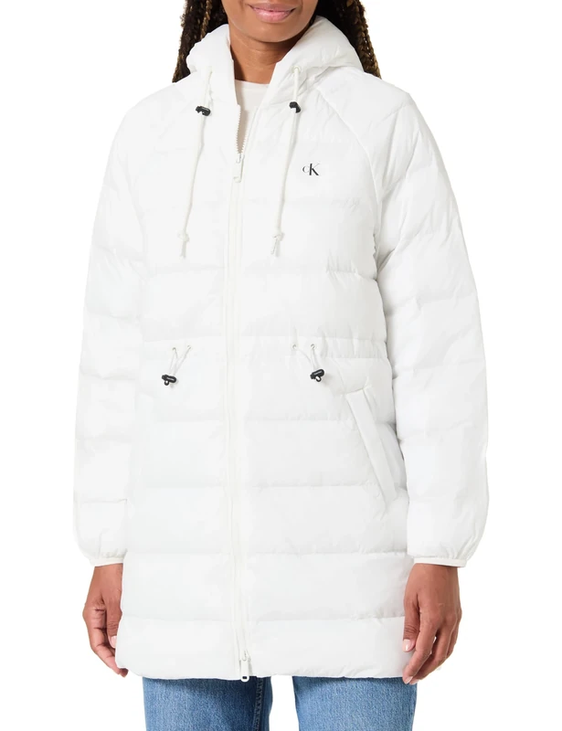 Calvin Klein Women’s Lightweight Logo Mid Length Down Coat with Hood, White (Snow White), M