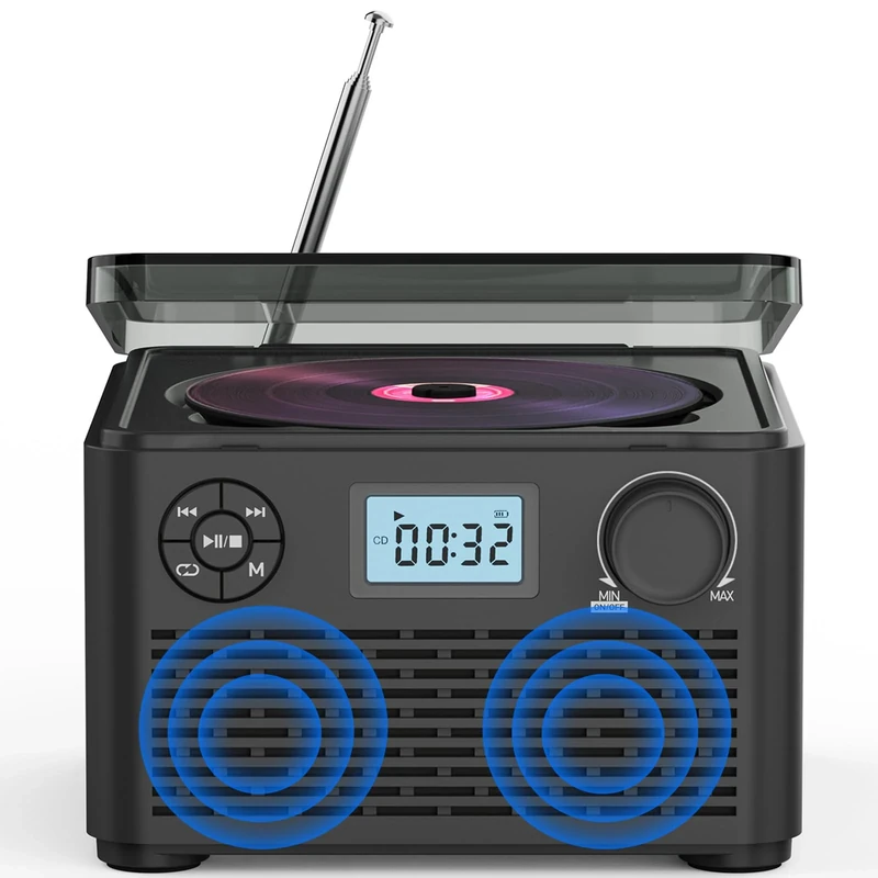 Generic Vintage CD Player with FM Radio, Bluetooth, USB/TF, Black, Stereo Sound, 2.0 Channel, 4000mAh Battery, Portable