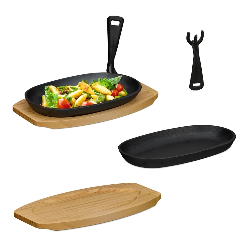 Relaxdays Serving Pan, Set of 2, Cast Iron Dish, with Wooden Trivets, Removable Handle, for Grilling, Black/Natural, Wood, 3.5 x 28 x 14.5 cm - Image 1