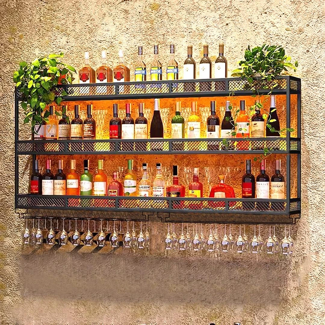 BUBEO Wall Mounted Wine Rack with LED Glass Holder, Liquor Bottles Shelves Display Storage Organizer Hanging Long Stemware Goblet Metal for Home Mini Bar Cellar Black