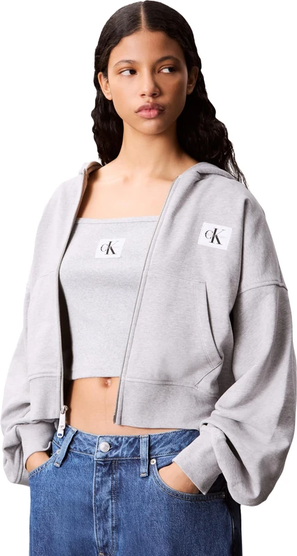 Calvin Klein Women’s Badge Logo French Terry Cotton Sweatshirt, Grey (Bc06 Grey Heather), L