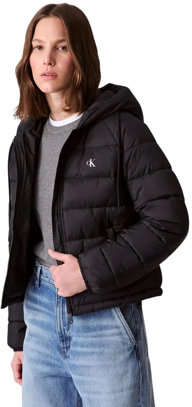 Calvin Klein Women's Lightweight Puffer Jacket with Hood, Black (Black), L
