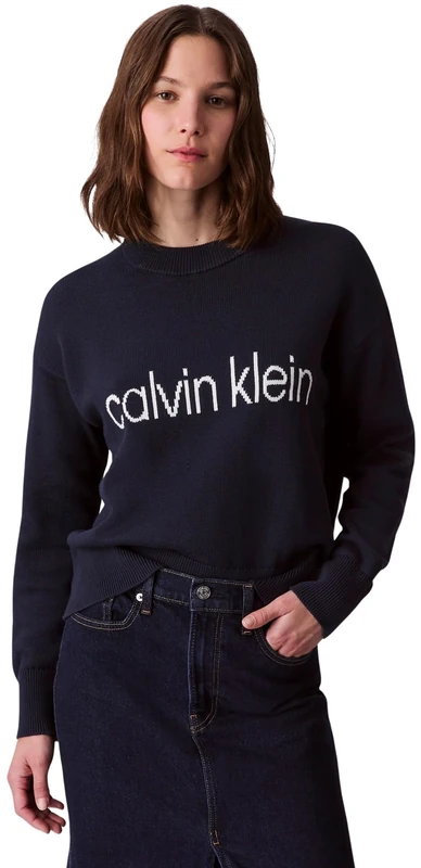 Calvin Klein Jeans Women's Cotton Graphic Pullover LV047C311G Sweaters, Blue (Dark Sapphire), XXL