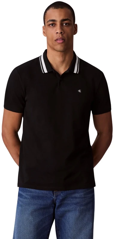Calvin Klein Men’s Short Sleeve Monogram Pique Tipped Cotton Polo Shirt, Black (Black), S