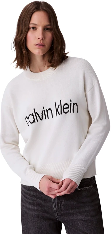 Calvin Klein Jeans Women's Cotton Graphic Pullover LV047C311G Sweaters, White (Tofu), XXL