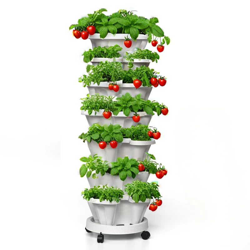 Lykvrii Strawberry Planters, 7 Tiered Vertical Stackable Planter, Herb Stacking Tower Garden, Flower and Vegetable Planters with Support Pole Indoor and Outdoor with Removable Wheels - White - Image 1