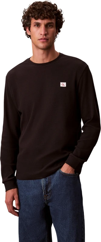 Calvin Klein Men’s Waffle Badge Long Sleeve Top with Round Neck, Black (Black), S