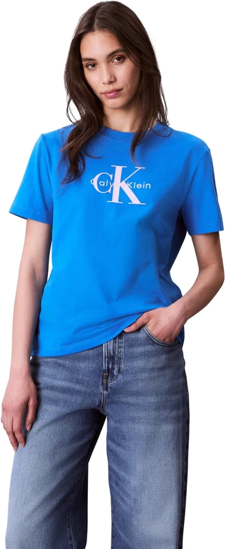 Calvin Klein Women’s Short Sleeve Round Neck Hero Classic Monologo T-Shirt, Blue (Cobalt Blue), 2XS