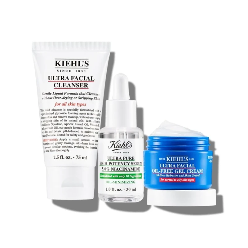 Kiehl's Stop The Shine Set, Ultra Facial Cleanser 75ml, Ultra Pure High-Potency Serum 5% Niacinamide, 30ml & Ultra Facial Oil-Free Gel Cream, 28ml