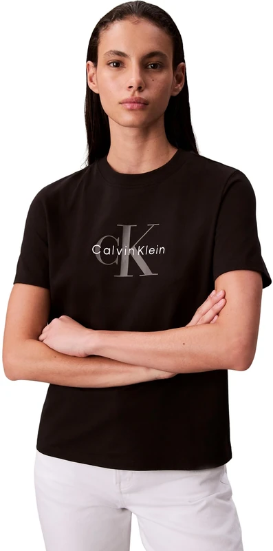 Calvin Klein Women’s Short Sleeve Round Neck Hero Classic Monologo T-Shirt, Black (Black), XS - Image 1