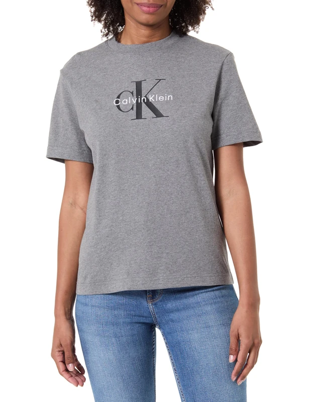 Calvin Klein Women’s Short Sleeve Round Neck Hero Classic Monologo T-Shirt, Grey (B30 Grey Heather), M