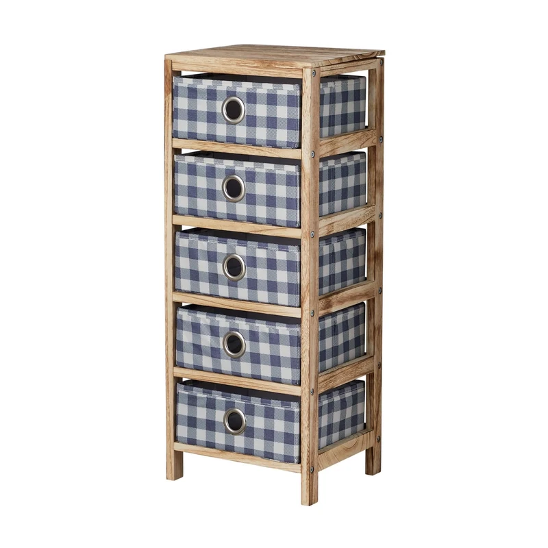 Home Source Storage Chest, Solid Wood Frame, Blue Plaid Fabric Pull-Out Drawers, Coastal Style Bedroom Organiser, 5 Drawer