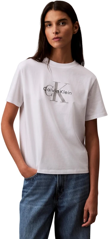 Calvin Klein Women’s Short Sleeve Round Neck Hero Classic Monologo T-Shirt, White (Brilliant White), XL