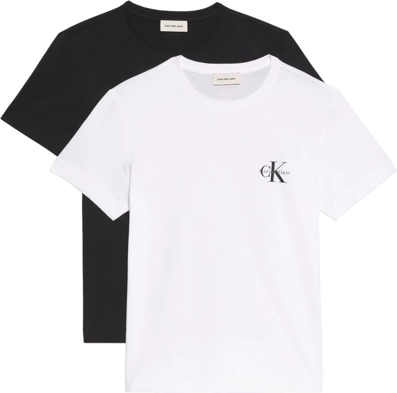 Calvin Klein Women’s 2 Pack Short Sleeve Round Neck Logo T-Shirts, Multicolor (Black/Brilliant White), S