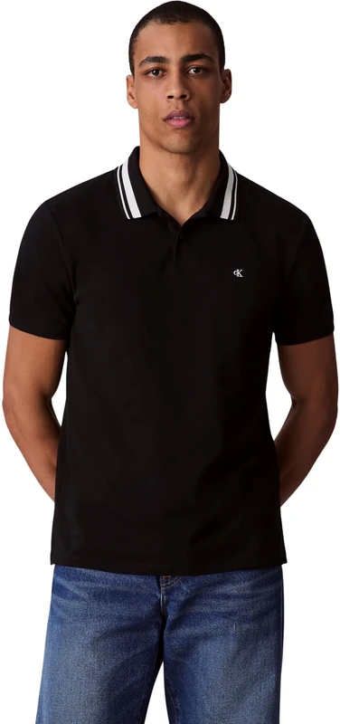 Calvin Klein Men’s Short Sleeve Monogram Pique Tipped Cotton Polo Shirt, Black (Black), M
