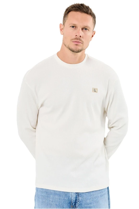 Calvin Klein Men’s Waffle Badge Long Sleeve Top with Round Neck, Beige (Tofu), XL