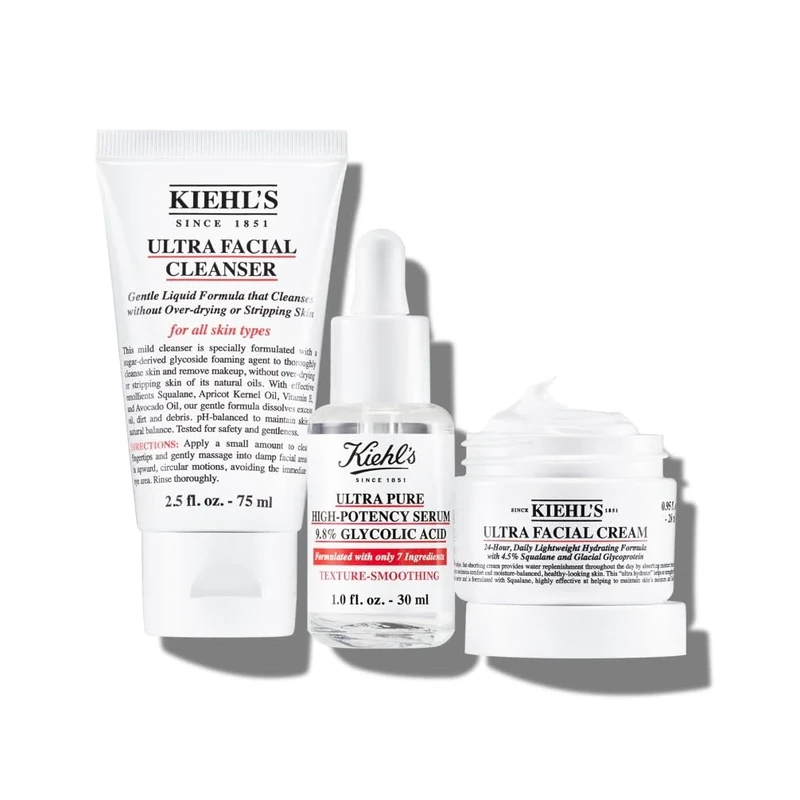 Kiehl's Smooth It Up Set, Ultra Facial Cleanser 75ml, Ultra Pure High-Potency Serum 9.8% Glycolic Acid, 30ml & Ultra Facial Cream, 28ml