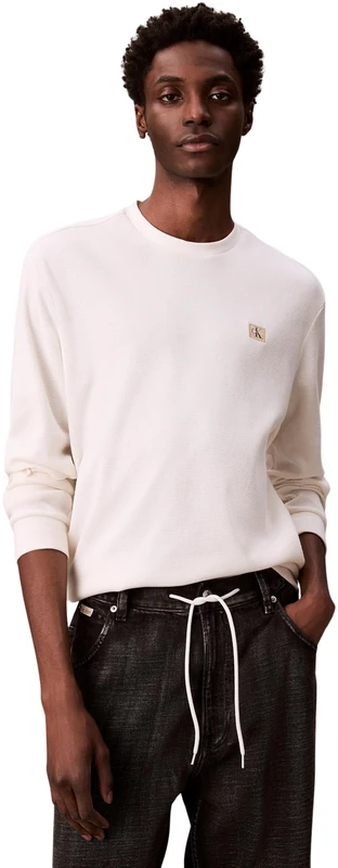 Calvin Klein Men’s Waffle Badge Long Sleeve Top with Round Neck, Beige (Tofu), XS