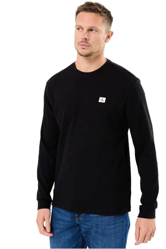 Calvin Klein Men’s Waffle Badge Long Sleeve Top with Round Neck, Black (Black), L