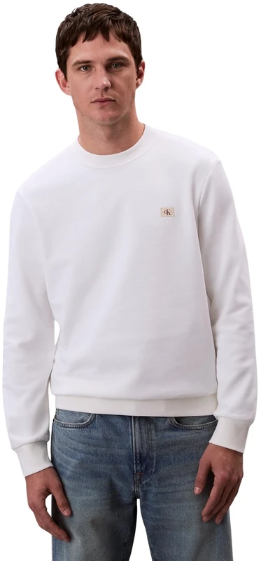 Calvin Klein Men’s Round Neck Terry Badge Sweatshirt, White (Bright White), XXL