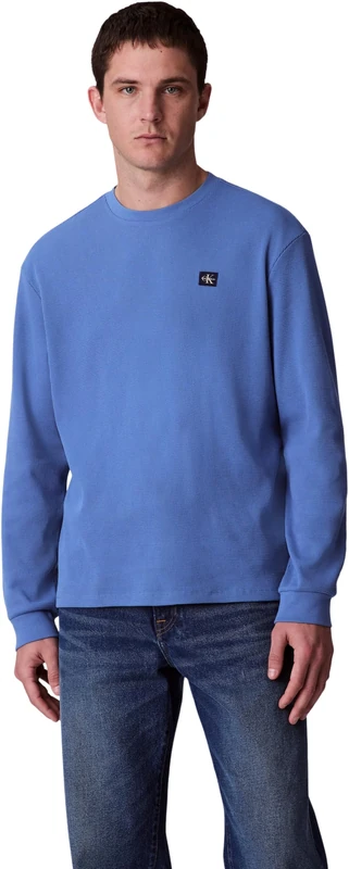Calvin Klein Men’s Waffle Badge Long Sleeve Top with Round Neck, Blue (Dull Nile Blue), M
