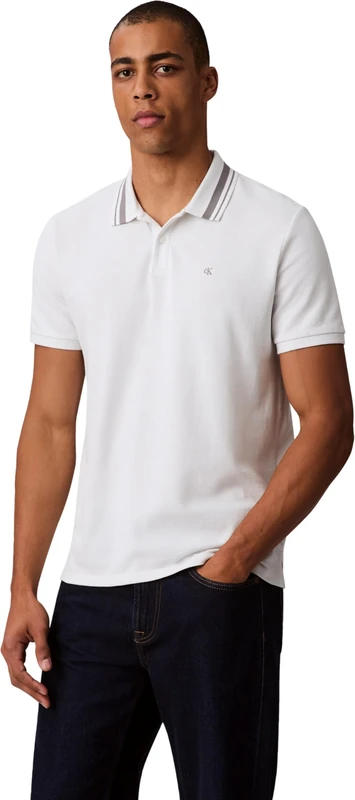 Calvin Klein Men’s Short Sleeve Monogram Pique Tipped Cotton Polo Shirt, White (Blanc De Blanc), L
