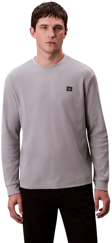 Calvin Klein Men’s Waffle Badge Long Sleeve Top with Round Neck, Grey (Formal Gray), XXL