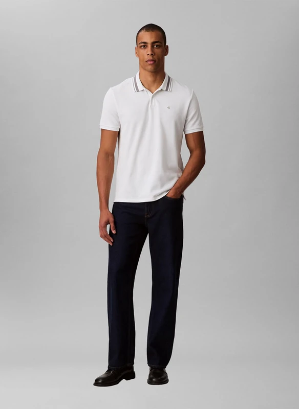 Calvin Klein Men’s Short Sleeve Monogram Pique Tipped Cotton Polo Shirt, White (Blanc De Blanc), M