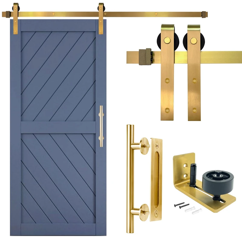Rio Salto Gold Barn Door Hardware Kit Adjustable Length Sliding Door Hardware Modern Barn Interior Brushed Brass Panel Hardware (Hardware Kit Plus, 8ft - Single Door)