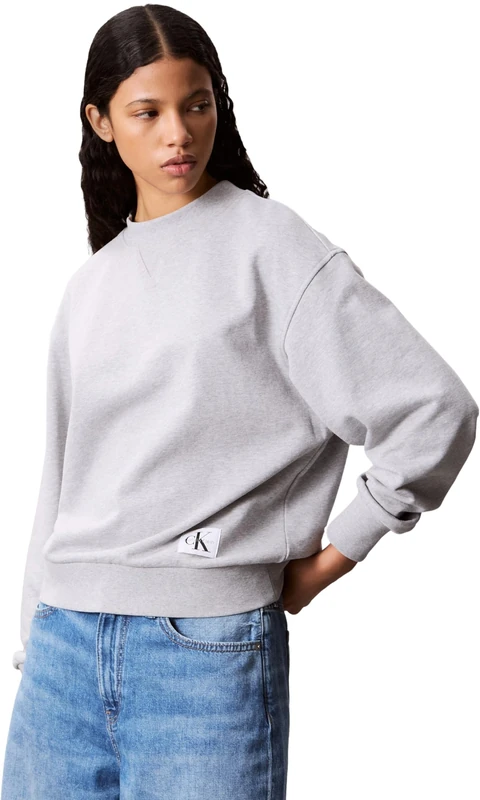 Calvin Klein Women’s Round Neck Badge Logo Terry Sweatshirt, Grey (Heroic Grey Heather), M