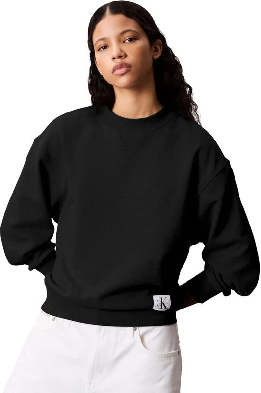 Calvin Klein Women’s Round Neck Badge Logo Terry Sweatshirt, Black (Black), L