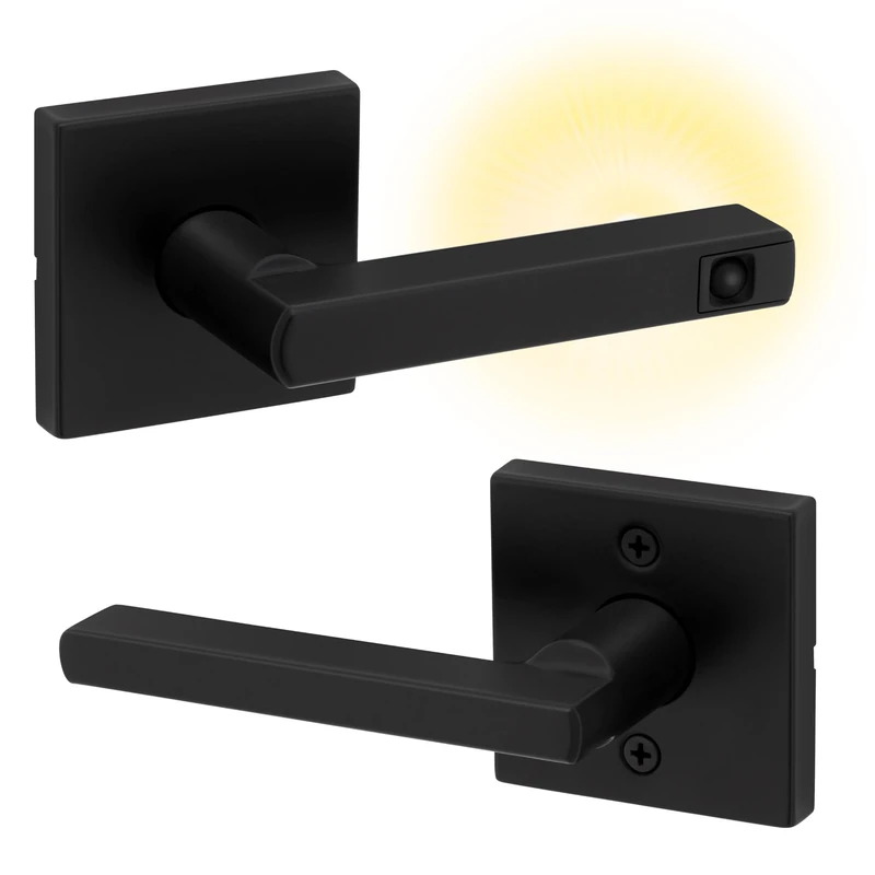 Kwikset Halifax LED Motion Activated Light Up Passage Door Lever for Closet and Hallway Doors, Reversible Non-Locking Handle Lever, Matte Black, with Microban Protection
