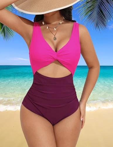 One Piece High Waisted V-Neck Cutout Monokini - Rose Red, S-2XL