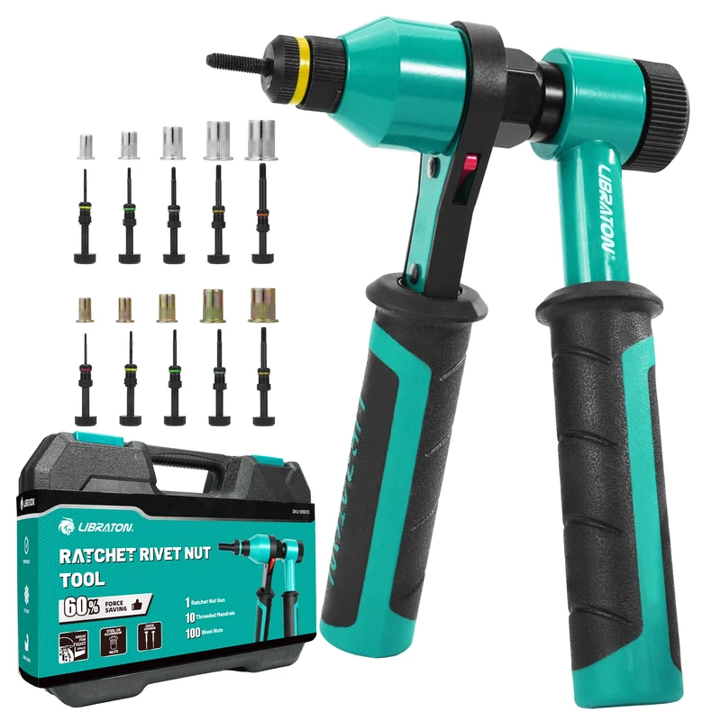 LIBRATON Rivet Nut Tool Kit, Rivnut Tool, Professional Ratchet Rivet Nut Tool, Ratcheting Riv Nut Tool with 10 SAE and Metric Mandrels, 100PCS Rivet Nuts, Rugged Carry Case, Nutsert Kit for Automotive