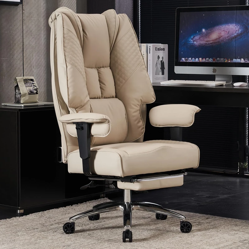 EXCEBET Heavy Duty Office Chair 180kg - Big & Tall Executive Desk Chair with 5.5" Pocket Spring Seat (Sofa Comfort), High Back PU Leather Computer Chair with Lower Back Support for Home Office (Beige)