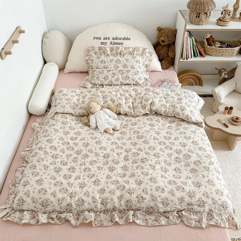 AOJIM Muslin Cotton Duvet Cover with Pink Floral Patterns, 1 Piece Super Soft Kids Adults Bedding Comforter Cover 2-Layer Gauze, Ruffled Edges Duvet Protector Twin Size 68X86'', No Quilt or Pillow